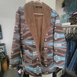 Tribal Patterned Jacket with Brown Sherpa Lining